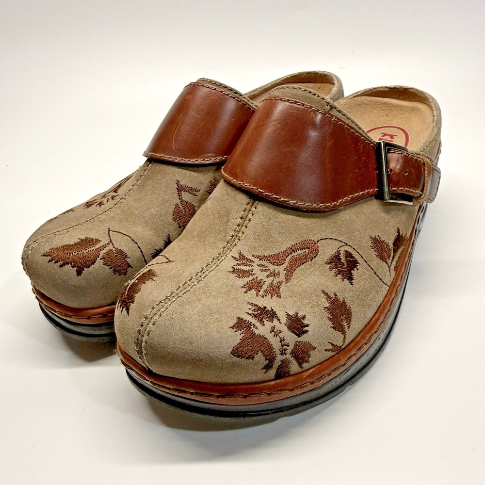 Klogs Footwear Austin Leather Shoes Women 8 W Wide Taupe Suede Leaf Vine Boho - Picture 2 of 13